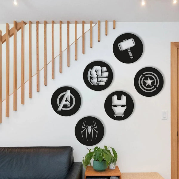 Avengers Metal Wall Art Set of 6 - Geometric Nursery Wall Decor - 3D Metal Superhero Wall Hanging