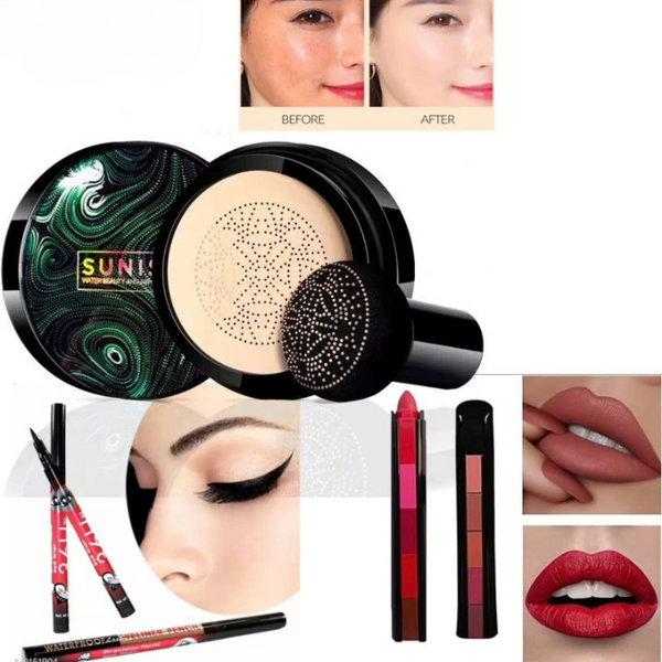 3 in 1 Makeup Deal  Sunisa Foundation Base 20g Waterproof Mushroom Head Air Cushion BB Cream Nude Liquid Foundations +yanqina 36H liner + 5 in 1 lipstick Pen (Random Shades)